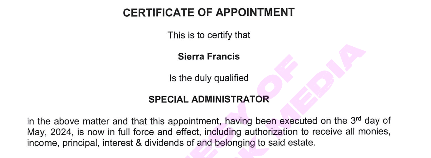 Judge ordered Sierra Francis to be appointed special administrator to Mica’s estate.